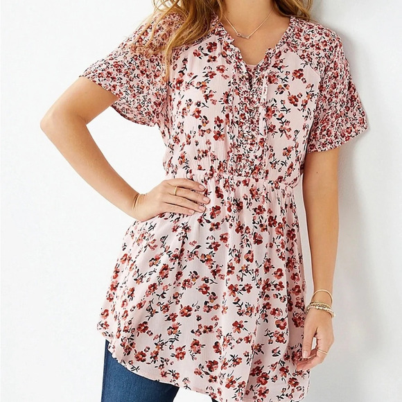 Maurices Tunic Babydoll Top Pink Ditsy Floral Print Lace-up Front Medium Women’s - Picture 12 of 12